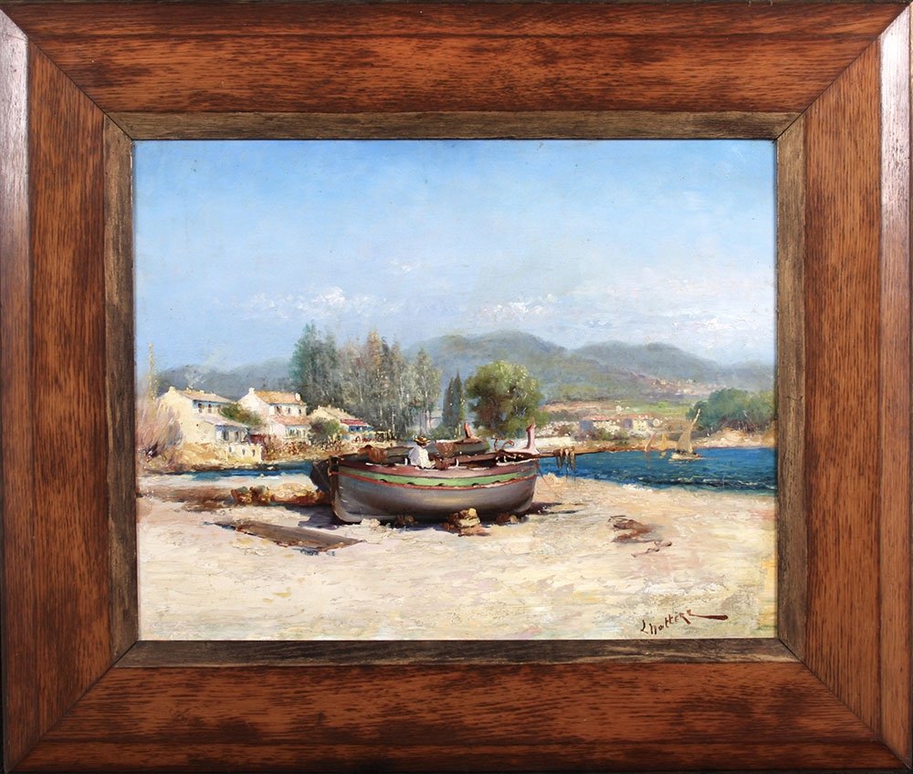 Louis Nattero 1870 / 1915, bord de mer Méditerranéen, huile sur toile.