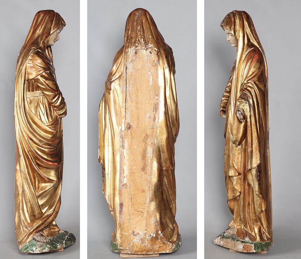 Grande Vierge du XVIII ème, 90 cm, Sculpture en bois doré feuilles d’or-photo-3