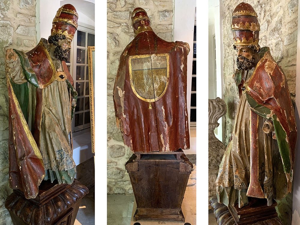 Sculpture XVII°, 195cm, Of Popes Saint Sixtus Ii°, In Polychrome Wood, Glass Eyes -photo-1