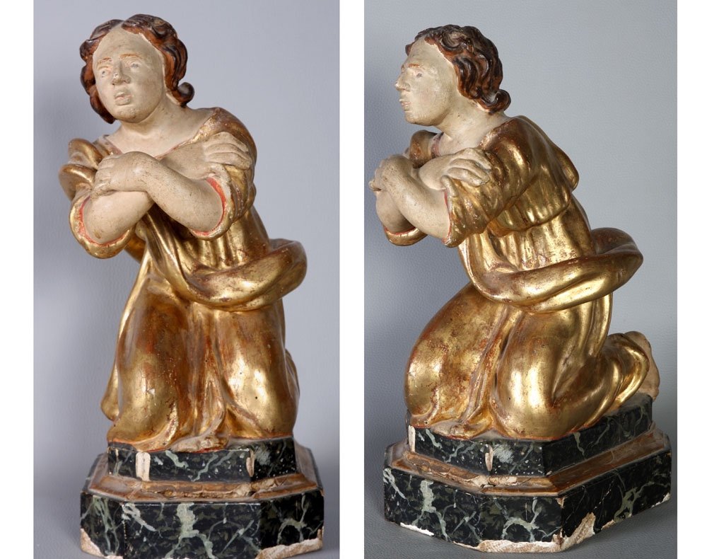 Large Gilded Wood Sculpture From The 18th Century, Kneeling Saint-photo-2