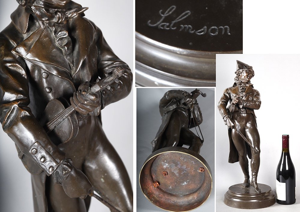 Bronze 19th Century, 62 Cm, Jean Jules Salmson 1823/1902, Violinist Under The Empire, French School-photo-4