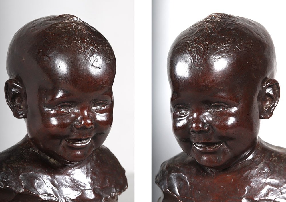 Bronze Early 20th Century, Signed Vito Vaccaro 1887/1960, Bust Of Baby-photo-2