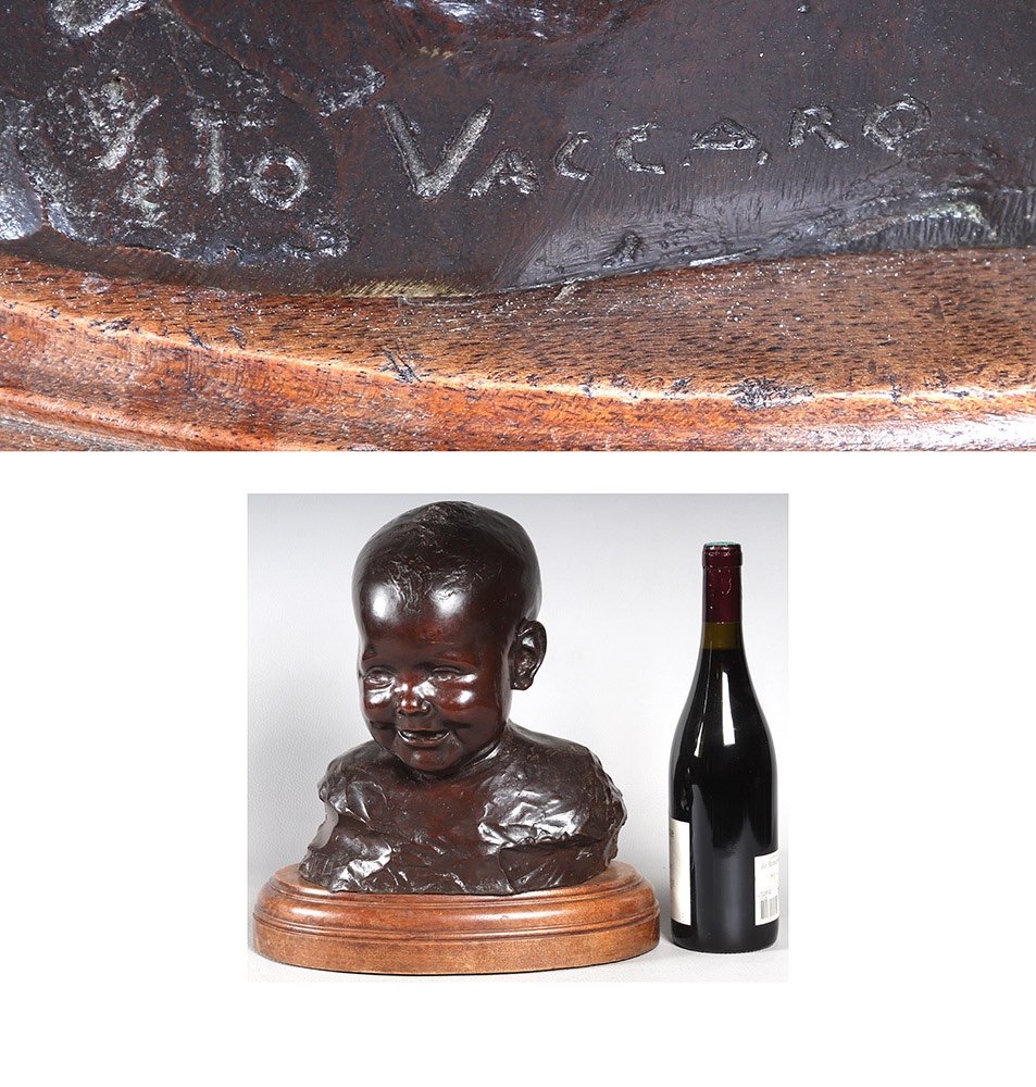 Bronze Early 20th Century, Signed Vito Vaccaro 1887/1960, Bust Of Baby-photo-4