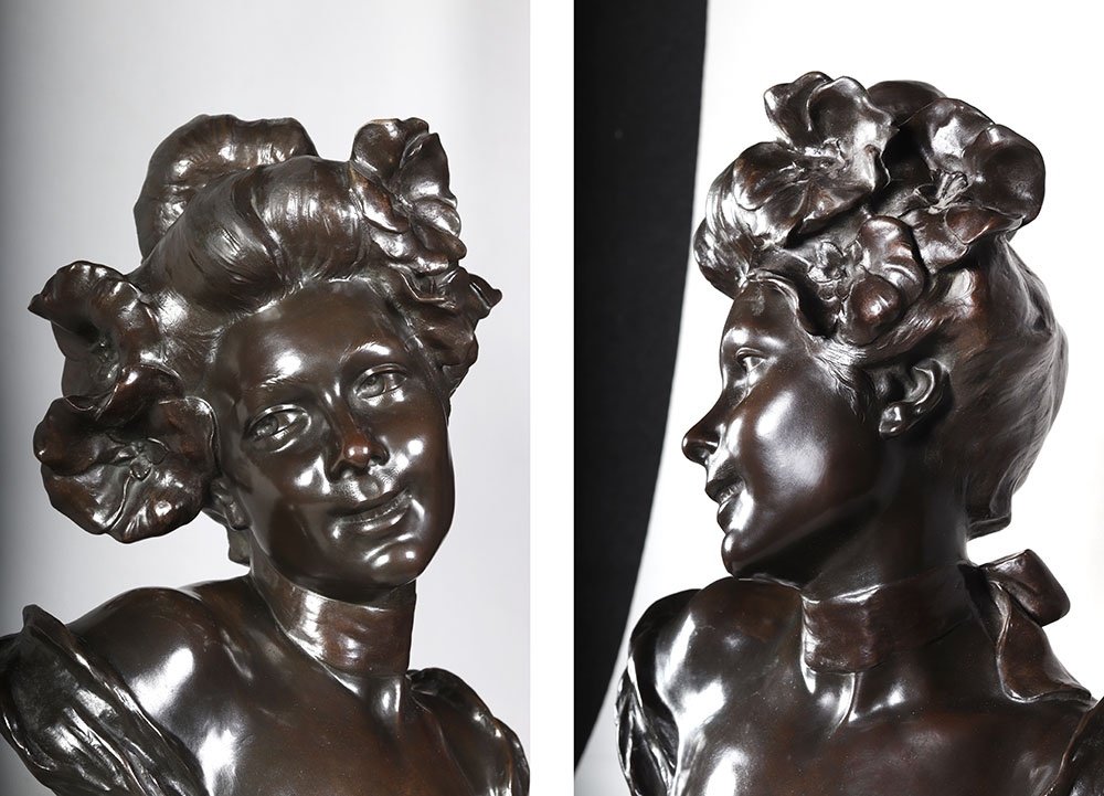 Bronze XIX°, 63 cm, signé : Charles Théodore Perron 1862/1934, Buste de femme Ecole Française-photo-2