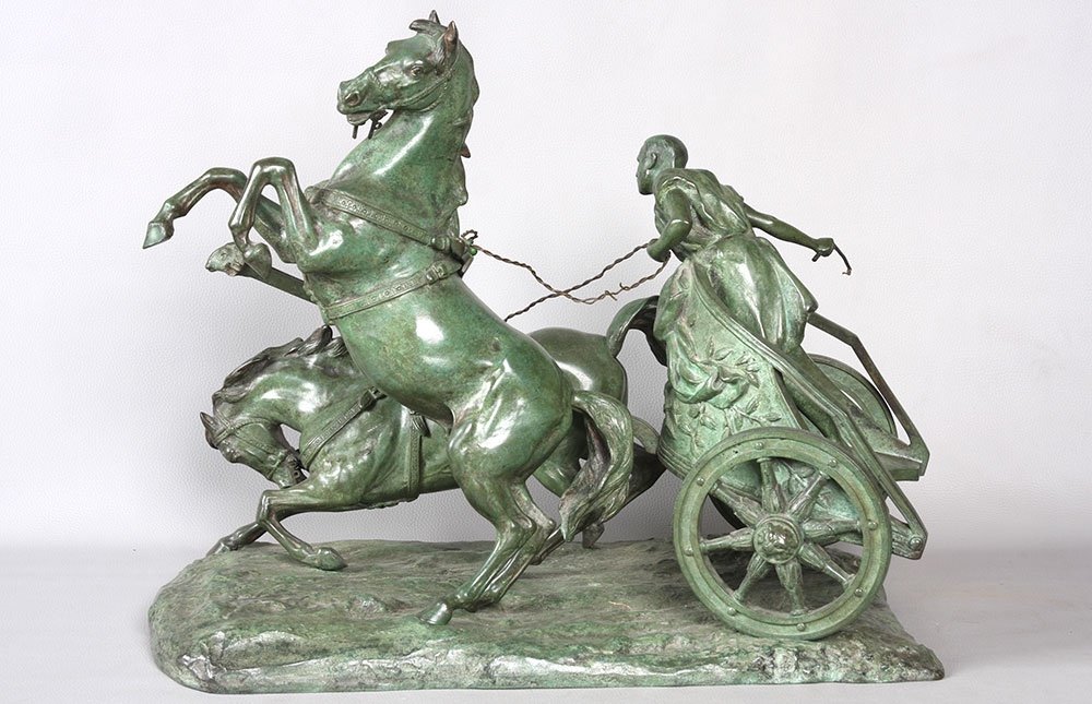 Bronze 19th Century, 58 Cm, By Giuseppe Ferrari 1840/1905, The Roman Chariot Race-photo-2