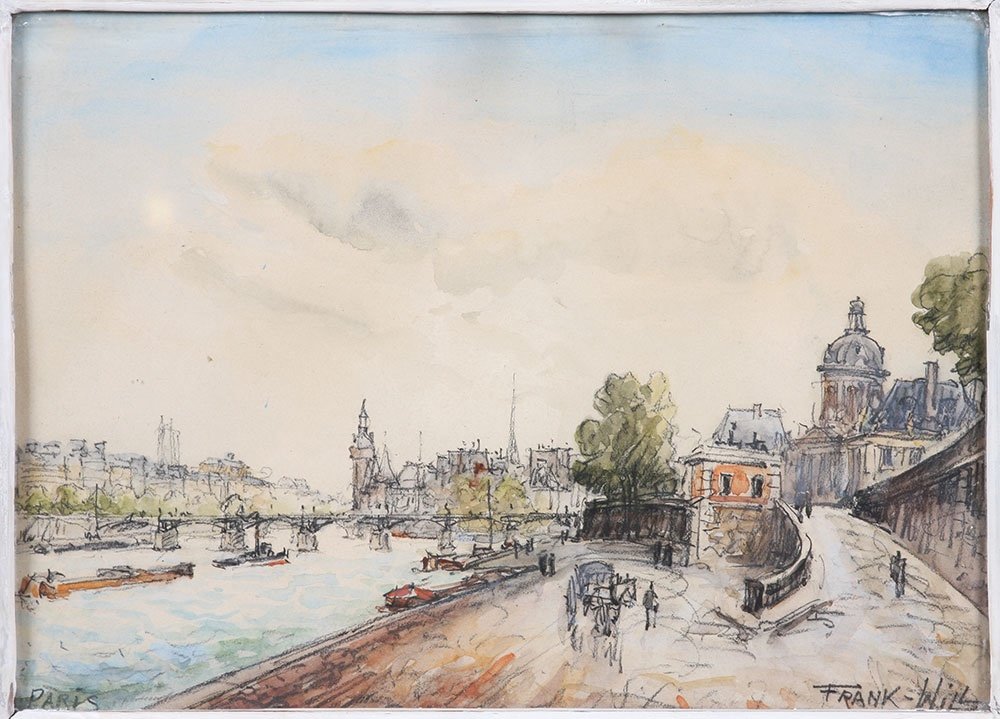 Frank Will (frank Boggs), Paris, Quai de Seine, Pont des Arts, aquarelle-photo-2