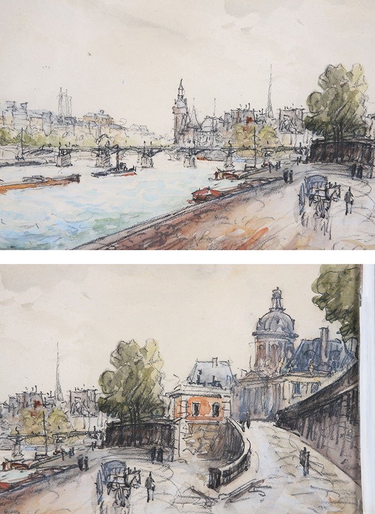 Frank Will (frank Boggs), Paris, Quai de Seine, Pont des Arts, aquarelle-photo-3