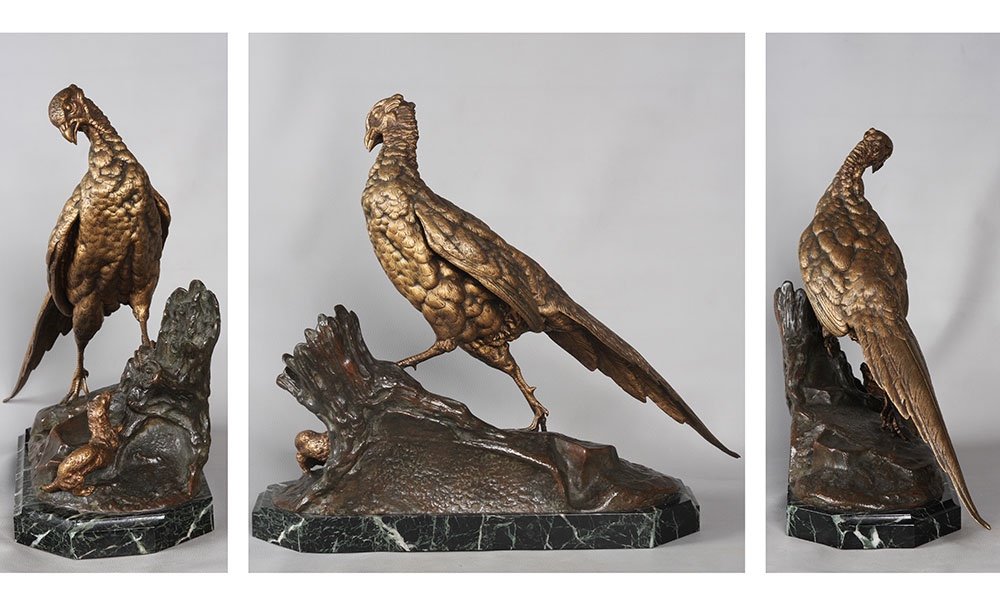 19th Century Bronze, 53 Cm, By Jules Moigniez 1835 / 1894, Pheasant And Shrew.-photo-2