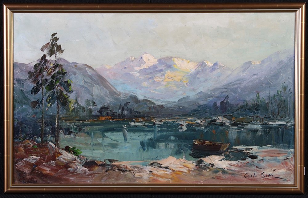 Paysage Montagne, Lac, vers 1960, Ecole Française, signé Carle Sim (carlo Sim )