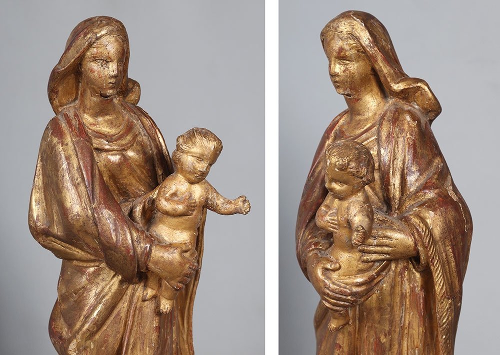 Vierge à L’enfant XVIII ème, 42 cm, sculpture en bois doré feuilles d’or-photo-2