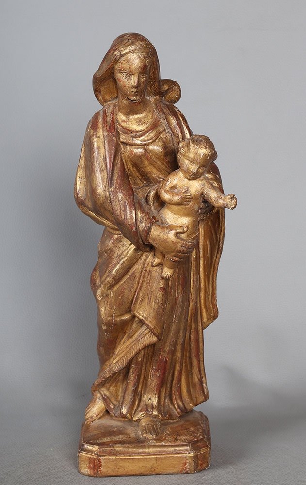 Vierge à L’enfant XVIII ème, 42 cm, sculpture en bois doré feuilles d’or