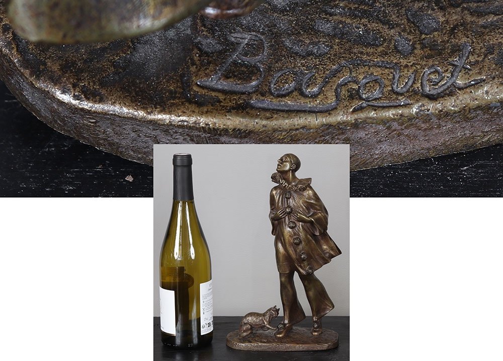 Bronze Début XX°, 30 cm, signé : Robert Bousquet 1894/1917, Pierrot et son chat-photo-4