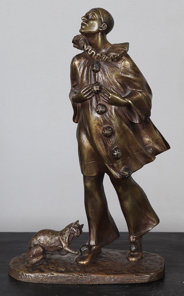 Bronze Début XX°, 30 cm, signé : Robert Bousquet 1894/1917, Pierrot et son chat