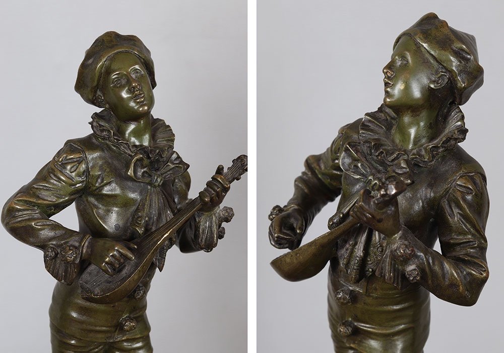 Bronze fin XIX°, 37 cm, signé : A.J.. Lavergne 1863/1928, Pierrot-photo-2