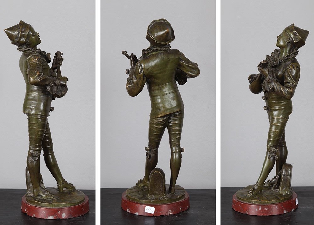 Bronze fin XIX°, 37 cm, signé : A.J.. Lavergne 1863/1928, Pierrot-photo-3