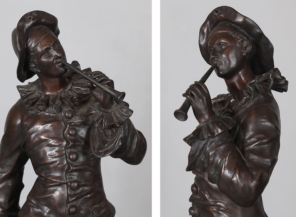 Bronze XIX°, 46 cm, signé : Charles Anfrie 1833/1905, Pierrot troubadour-photo-2