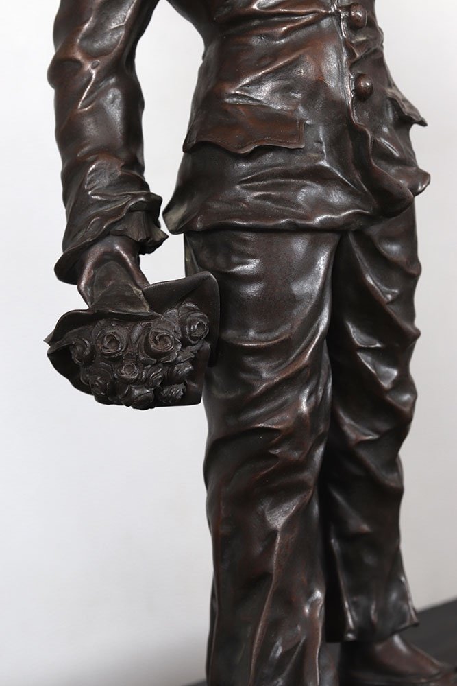 Bronze XIX°, 46 cm, signé : Charles Anfrie 1833/1905, Pierrot troubadour-photo-3