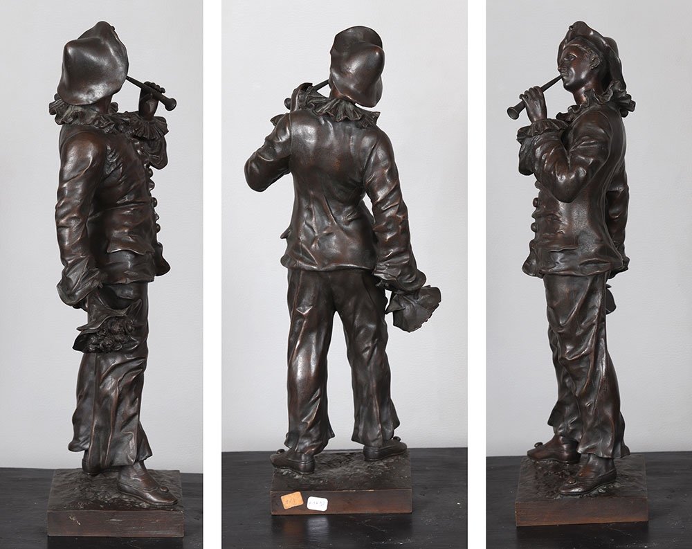 Bronze XIX°, 46 cm, signé : Charles Anfrie 1833/1905, Pierrot troubadour-photo-4