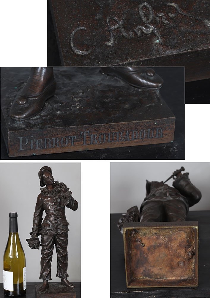 Bronze XIX°, 46 cm, signé : Charles Anfrie 1833/1905, Pierrot troubadour-photo-1