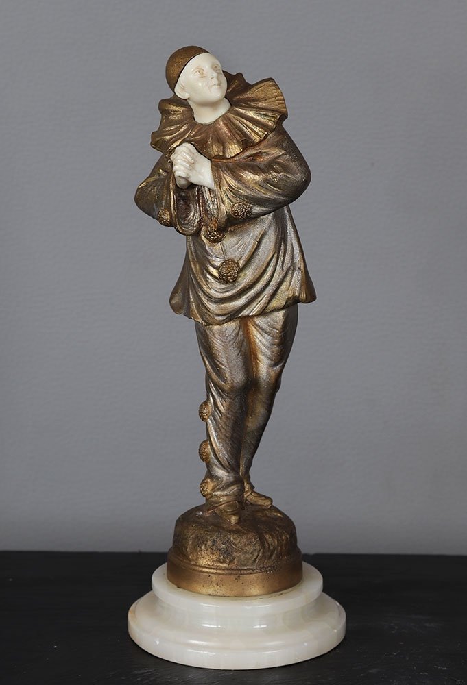 Chryséléphantine début XX ème, 23 cm, Georges Omerth, Pierrot