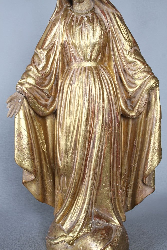 18th Century Virgin, 60 Cm, Wooden Sculpture Gilded With Gold Leaf-photo-3