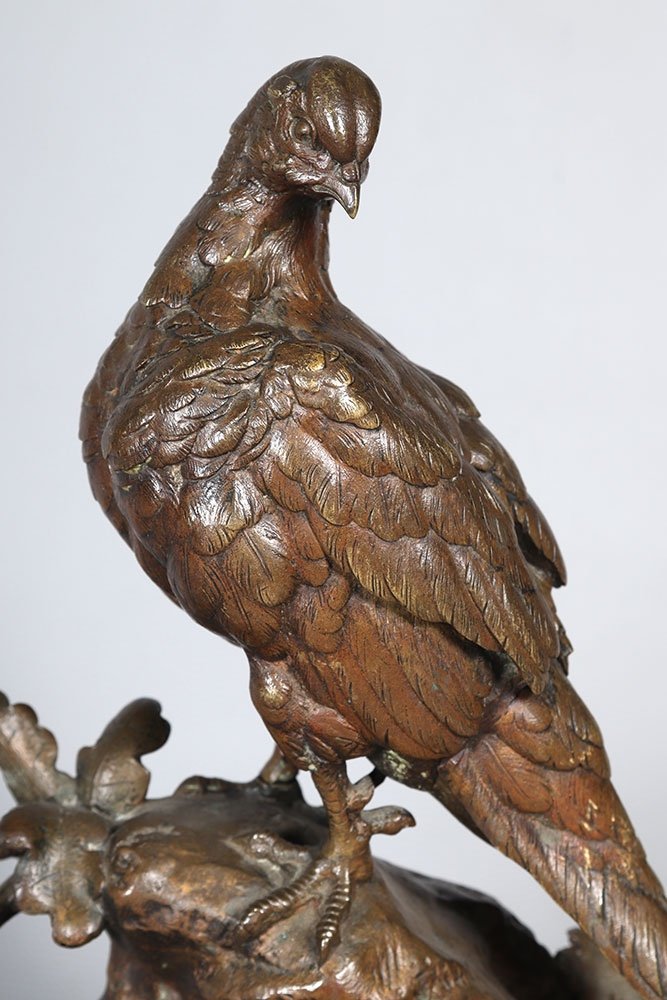 19th Century Bronze, Signed Louis Emile Cana 1845/1895, The Pheasant And The Lizard-photo-2