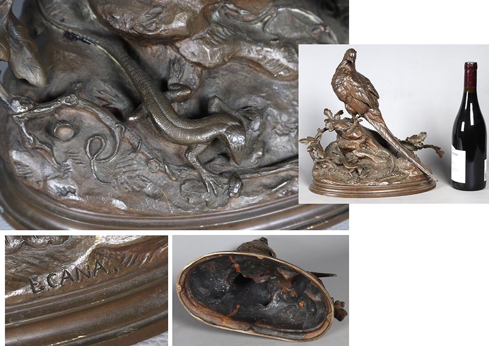 19th Century Bronze, Signed Louis Emile Cana 1845/1895, The Pheasant And The Lizard-photo-4