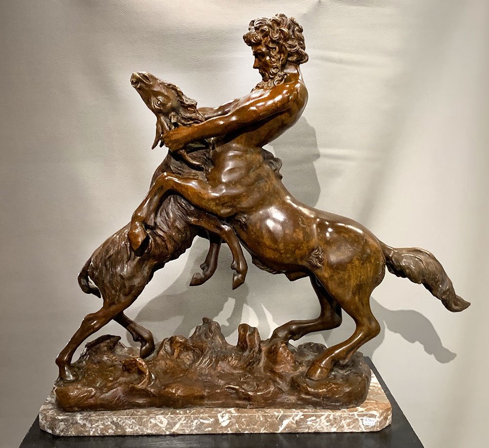 Large 19th Century Bronze, 65 Cm, By James Hunt 1880 / ?, Centaur Fighting With A Goat-photo-2