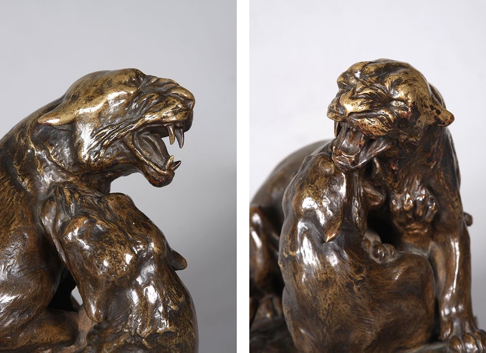 Art Deco Bronze, Friedrich Gornik 1877 / 1943, Panthers In Fight, Austrian School-photo-2