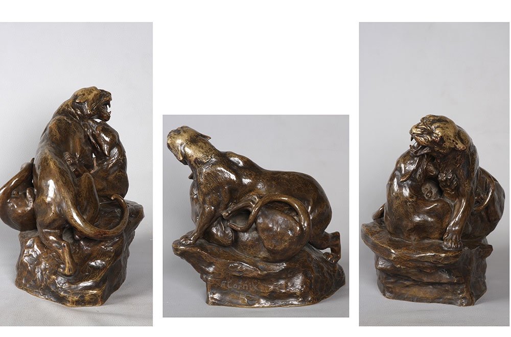 Art Deco Bronze, Friedrich Gornik 1877 / 1943, Panthers In Fight, Austrian School-photo-4