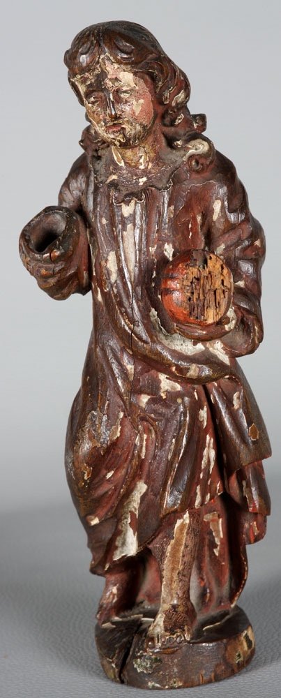 Sculpture, 29 cm, du XVII ème, en bois polychrome, Jésus tenant l’Orbe