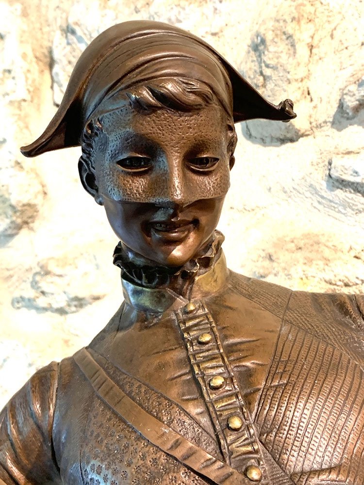 Grand Bronze XIX ème, 85 cm, signé Paul Dubois 1829/1905, Arlequin-photo-2