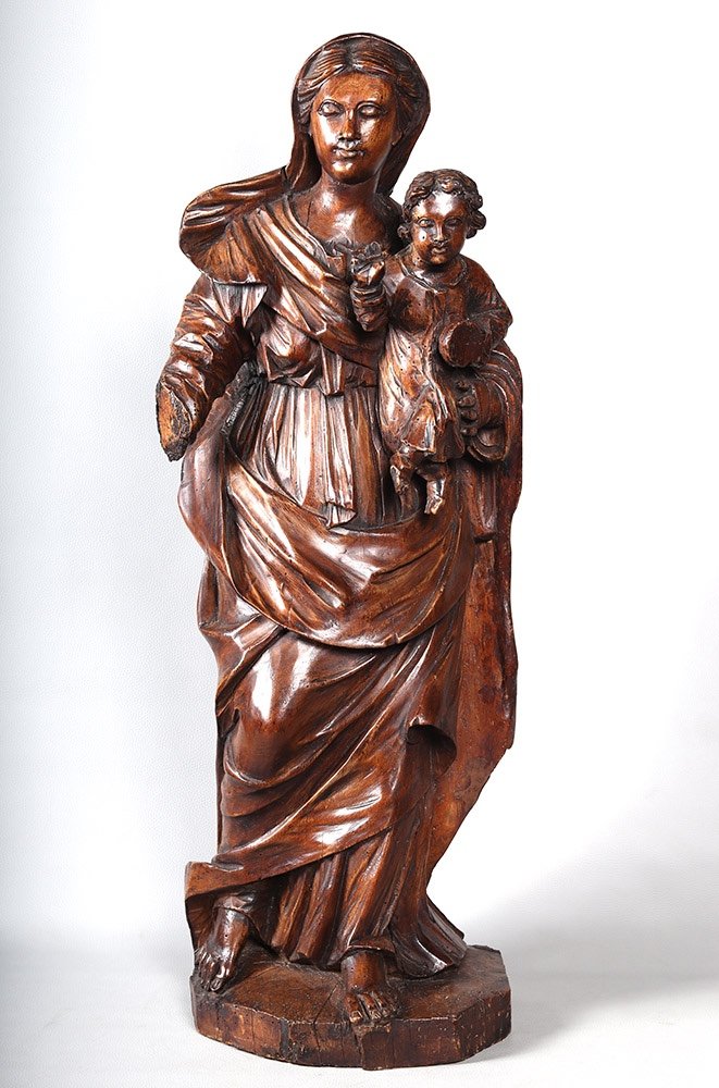 Epoque XVIII ème, 90 cm, Vierge à L’enfant, Grande sculpture en bois massif-photo-2