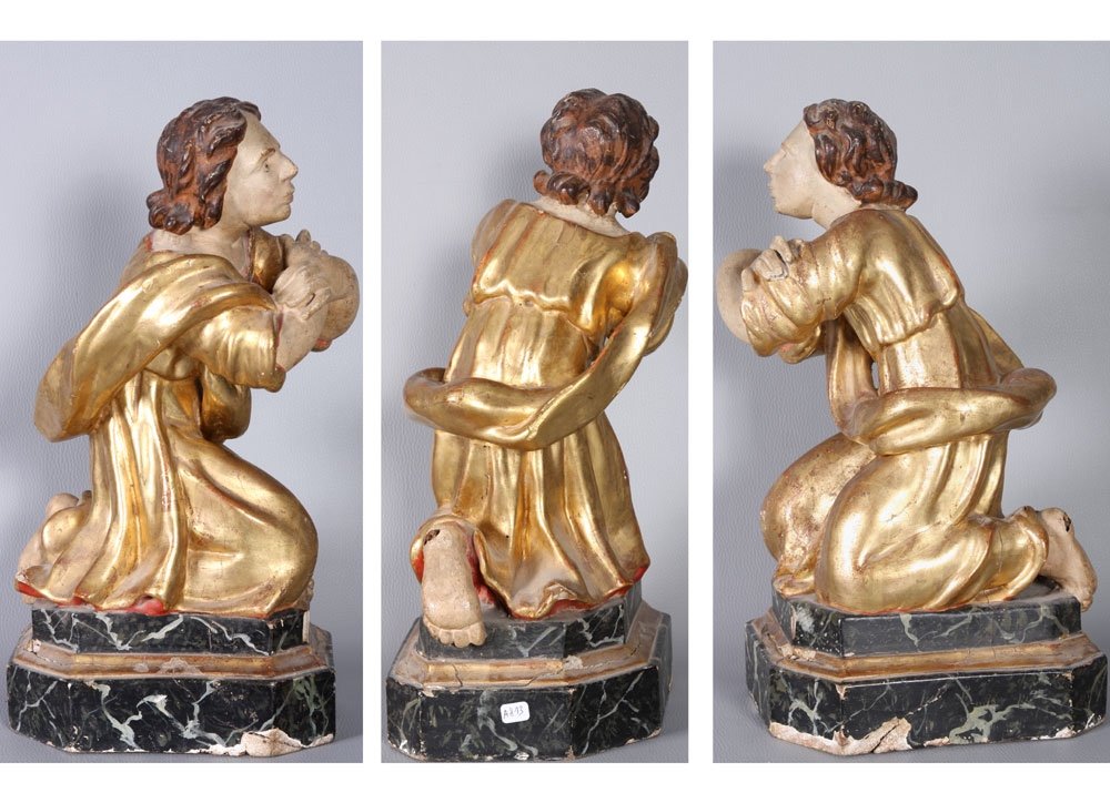 Large 18th Century Gilded Wooden Sculpture, Saint In Prayer-photo-4