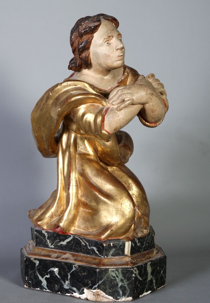 Large 18th Century Gilded Wooden Sculpture, Saint In Prayer