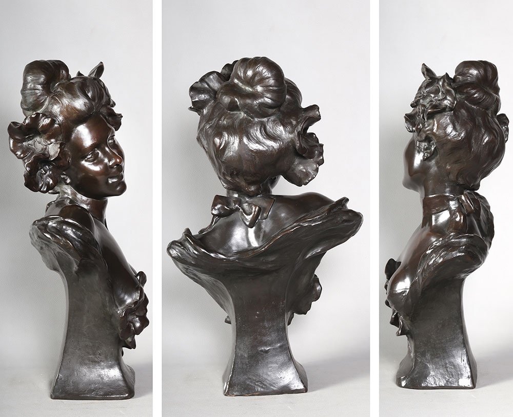 Bronze 19th Century, 63 Cm, Signed: Charles Théodore Perron 1862/1934, Bust Of A Woman, French School-photo-3