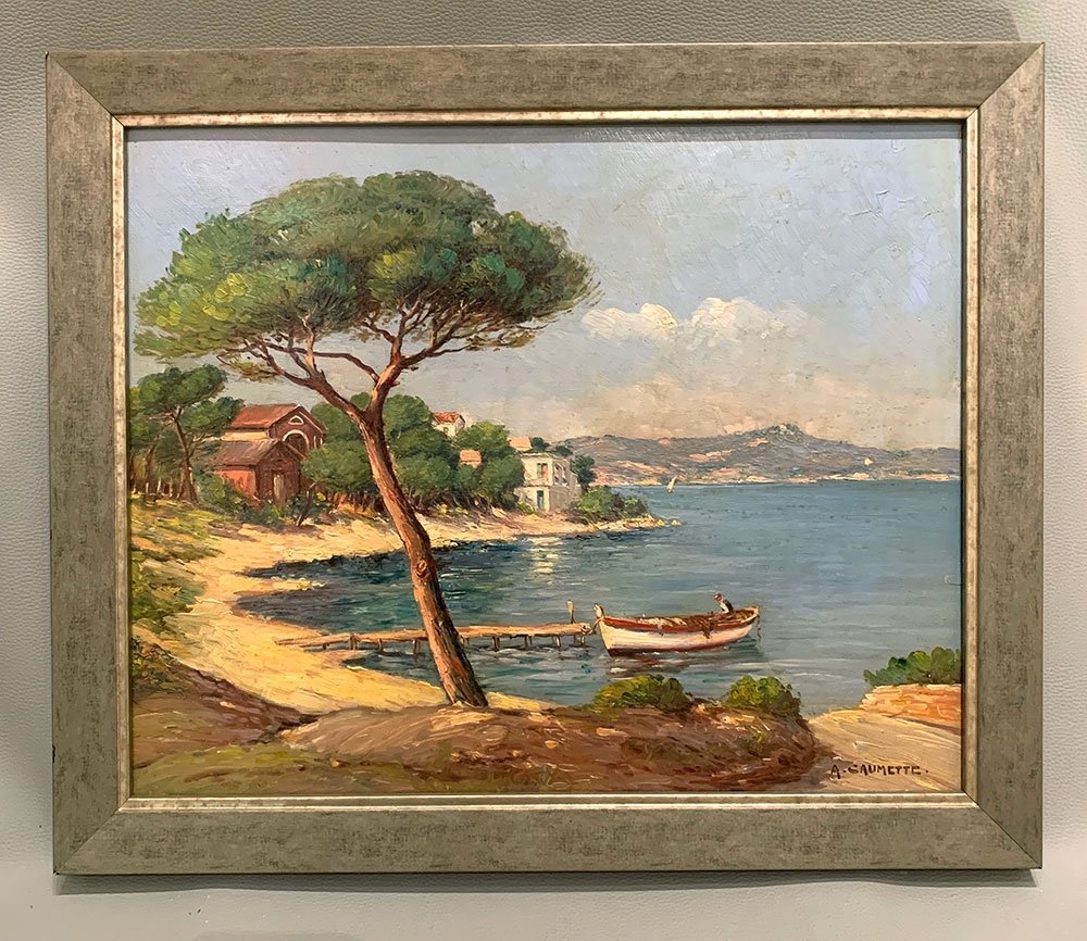 Marine, Hyères, signé : Adolpe Caumette, vers 1960, Côte d'Azur