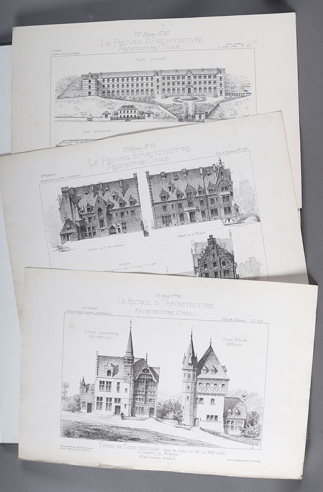 Architecture, Set Of 3 Engravings, 31x46 Cm, Early 20th Century