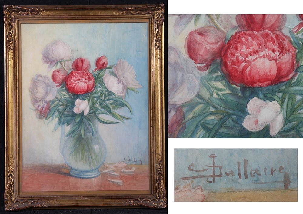 Paire d’aquarelles, Bouquet de fleurs, signé : Dallaire, vers 1900-photo-3