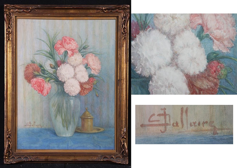 Paire d’aquarelles, Bouquet de fleurs, signé : Dallaire, vers 1900-photo-4