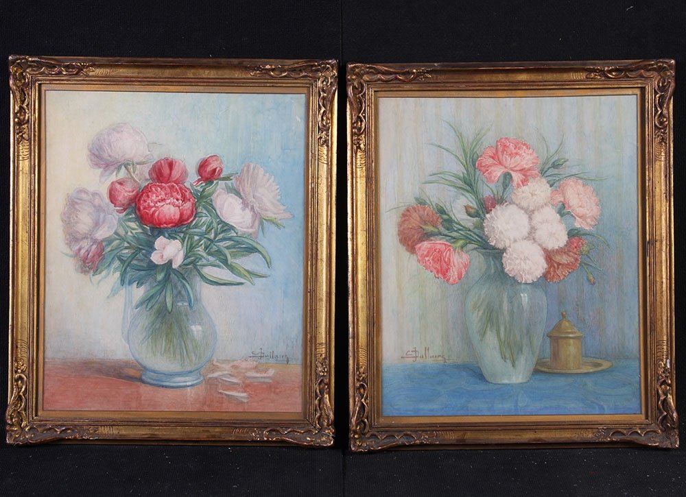 Paire d’aquarelles, Bouquet de fleurs, signé : Dallaire, vers 1900