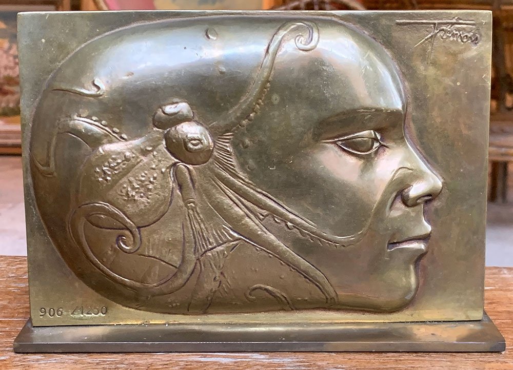 Bronze, Pierre-yves Tremois 1921/2020, Bas-relief, Face Of A Woman With An Octopus