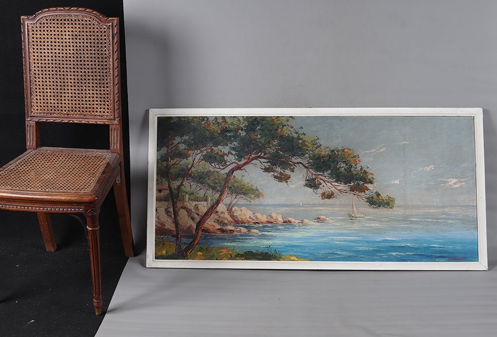 Côte D’Azur, 120 cm, signé : Raoul About , vers 1950, Provence, Marine-photo-2