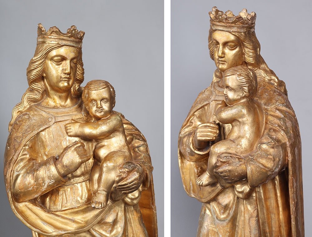 Crowned Virgin 18th Century, 56 Cm, Sculpture In Gilded Wood With Gold Leaf-photo-2