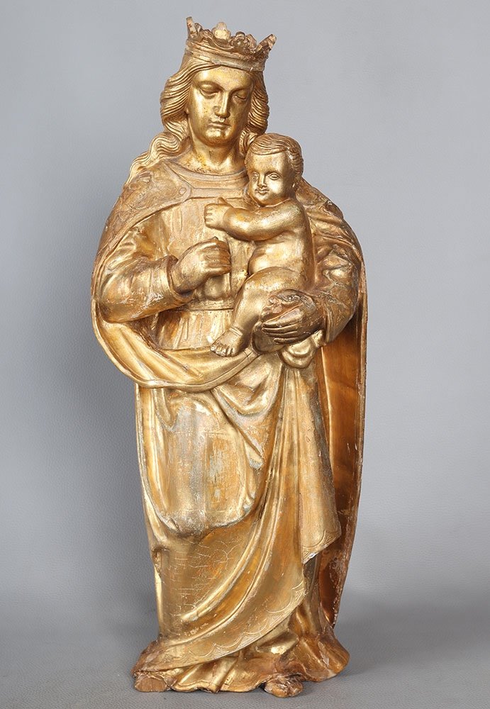 Crowned Virgin 18th Century, 56 Cm, Sculpture In Gilded Wood With Gold Leaf