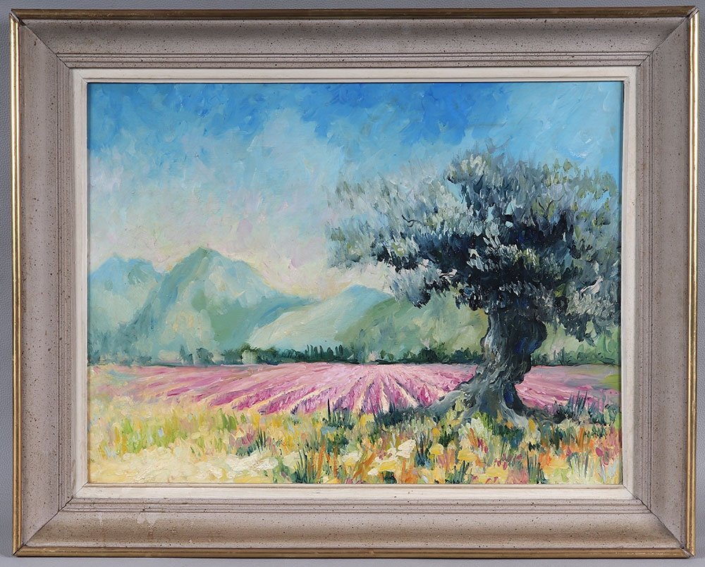 Paysage Provence, 80 X 64 cm, les lavandes, Sud de la France, Ecole Française