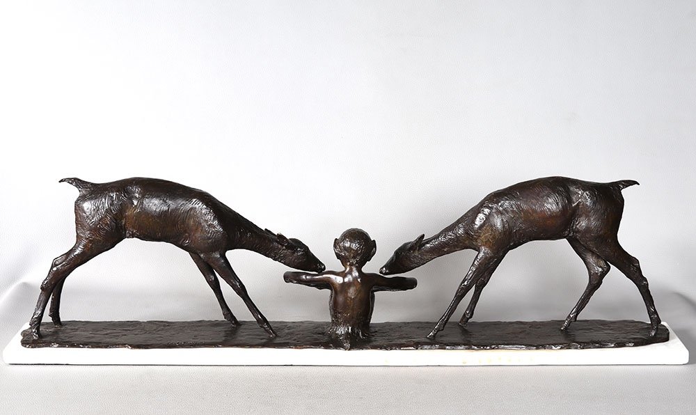 Bronze 1925, 94 cm, Ary BITTER, Fondeur : SUSSE, biches s’abreuvant-photo-2