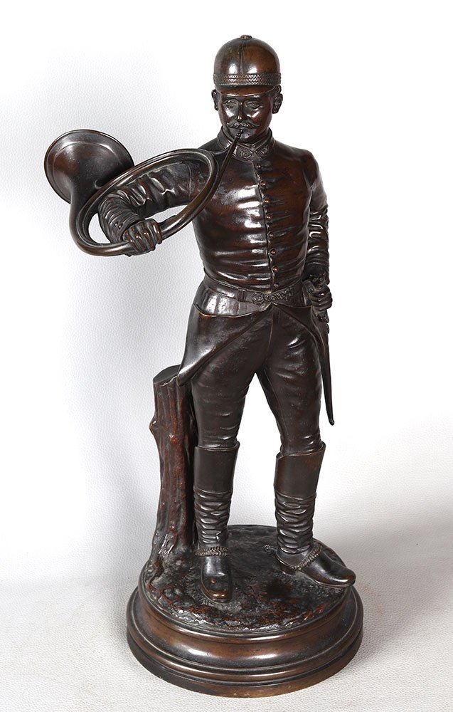 19th Century Bronze, 60 Cm, Hunting With Hounds, Signed: J. Verstappen, Belgian School, Hunting Horn