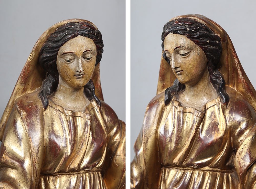 Grande Vierge XVIII ème, 67 cm, sculpture en bois doré feuilles d’or et polychrome-photo-2