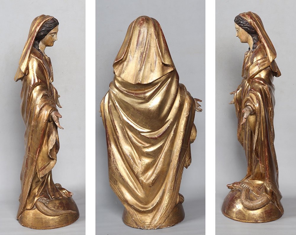 Grande Vierge XVIII ème, 67 cm, sculpture en bois doré feuilles d’or et polychrome-photo-4